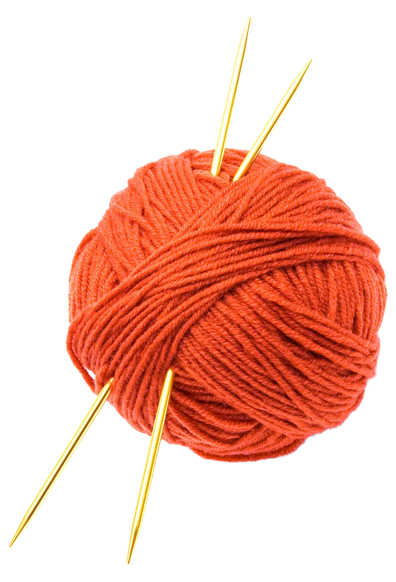 Bright orange yarn ball with golden knitting needles