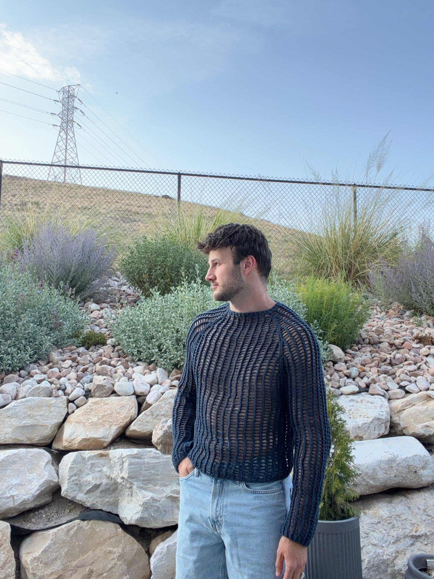 Saturday Sheer Mesh Raglan knitting pattern, modelled